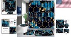 Bathroom Shower Curtain Set With Rugs Toilet Cover Hooks Sky Blue Honeycomb M   
