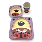 Lady Bug Bamboo Kids Dinnerware Set - 5-piece Set With Plate Bowl Cup Fork     