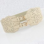 Women Ladies Hollow Wide Leather Belt Double Buckle Stretch Elastic Waistband