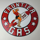 Vintage Frontier Gasoline Sign - Pinup Cowgirl Sign Gas Oil Pump Porcelain Sign
