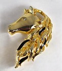 Vintage Large Shiny Gold Tone Horse Head Shaggy Mane Crystal Eye Pin brooch