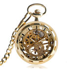 Golden Style Mechanical Pocket Watch Steampunk Skeleton Fob Chain For Men Women
