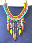 Boho Ethnic Statement Dangle Necklace Fringe Artsy Beachy Bright Multicolor Vtg