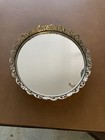 Vtg Vanity Mirror Dresser Tray Perfume Make Up Gold Round Metal Filigree 11   
