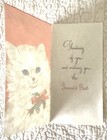 Unused Christmas White Cat Kitten Holly Berry Bow Paper Vtg Greeting Card 1950s