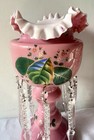 Antique Mantle Lusters Pair Cased Pink   White Glass W  Coffin   Spear Crystals
