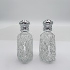 Vintage Glass Salt Pepper Shakers Set Ornate Silver Tone Lids Kitchen Tableware