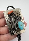 Vintage Navajo Nickel Silver High Grade Turquoise   Coral Stamped Bolo Tie 2 5 