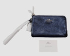 Coach Double Corner Zip Pebbled Leather Wallet Wristlet Midnight Blue -nwot