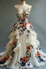 V Neck Wedding Dresses 3d Flowers Black Appliques Backless Tiered Bridal Gowns