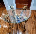 Hollywood Regency Round Glass Top Scroll Iron Vintage Antiqued Gold Accent Table