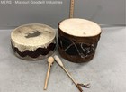 Native American Style Hand Drums Lot Of 2 With Beaded Mallets Buffalo Motif