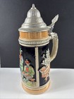 German Beer Stein With Pewter Lid  Hand Painted 9    Tall