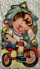 Unused Christmas Boy Tricycle Tree New Year Mechanical Vtg Greeting Card 1940s