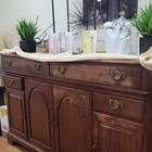 Brown Wood Sideboard Buffet Cabinet  Raised Panel  4 Doors 4 Drawers Brass