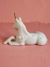 Vintage 1980s White Unicorn Figurine Gold Horn Bearded 5  Porcelain Ceramic