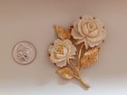 Vintage 60s Gold Tone Leaf Ivory Colored Stemmed Roses Coat Jacket Pin Brooch