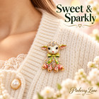 Cute Lamb Brooch Pin Green Bow Rhinestone Pearl Sheep Animal Jewelry Gift For He