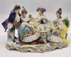 Rare German Volkstedt  Dresden Lace Group Figurine Tea Party 3 Ladies  gentleman