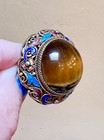 Gorgeous Antique Chinese Ornate Gold Over Sterling Enamel   Tiger   s Eye Brooch