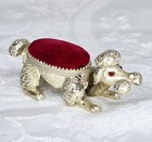 Vintage 60s Florenza Gold Metal Nodding Poodle Sewing Pin Cushion Red Velvet Usa