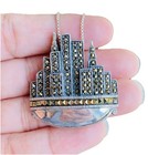 Vintage New York City Skyline Sterling Silver Marcasite Brooch Pendant Necklace