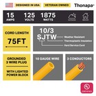 10 Gauge 75 Ft Outdoor Extension Cord 3 Outlets Weatherproof Heavy Duty 15 Amp