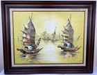 Vtg Mid Century Original Asian Boats Oil Painting Yellow Wood Frame Signed 30 5   