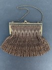 Antique Art Deco Mesh Knit Beaded Purse  Gold Filigree Frame copper Bronze Beads