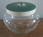 Vintage Glass Vanity Jar Metal Lid Rhinestone Dresser Powder Trinket Footed 3 5 