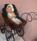 Antique Doll Carriage Buggy Wood Wicker Metal Canopy Victorian Style 26     Large