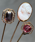 3 Antique Art Nouveau 10k Hallmark Gold Amethyst Glass Coral 2 5  Hat Pin  45-47