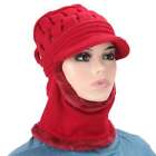 Winter Women Bib Beanie Cap With Brim Pom Bobble Scarf Mask Set Knitted Warm Cap