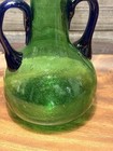 Vtg Hand Blown Art Glass Green Bud Vase With Cobalt Blue Handles