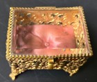 Antique French A B Depose    Gold Ormolu Trinket Jewelry Casket Box Beveled Glass