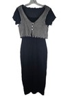 Vtg 90s Black Ribbed Midi Dress With Tan Knit Vest Top - Grunge Whimsigoth