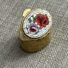 Vintage Micro Mosaic Floral Pill trinket Box With Hinge Lid Gold Tone White 