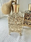 Vanity Set Gold Filigree Ormolu Hollywood Regency Footed Perfume Bottles And Box
