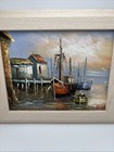 Vintage Oil Painting Boats Docked In Harbor Signed By Artist 12 X 10 1 2   