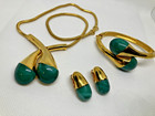 Vintage Unsigned Coro Set Gold Tone   Green Lucite Necklace Earrings   Bracelet
