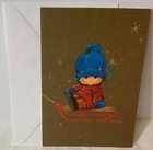 Vtg Hallmark Christmas Card Unused Cute Boy Bright Blue Hat On Sled Snowflakes