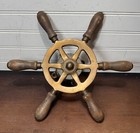 Vtg 12    Boat Ship Captains Steering Wheel Nautical Brass Wood Maritime W mount