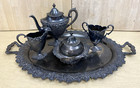 Antique 6 Pc  Repousse Tea Set Homan Silverplate W  Sterling Knife - Wood Handle