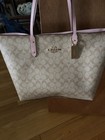 Coach Signature Canvas City Tote Tan And Pink
