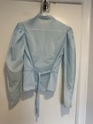 Vtg 70s Blue Prairie Victorian Cottagecore Lace Bow Collar Puff Sleeve Blouse
