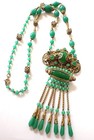 Art Deco Neiger Bros Czech Green Chrysoprase Glass Filigree Pendant Necklace 