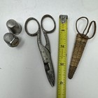 Antique Vintage Sewing Lot Scissors Woven Sheath Thimbles Primitive