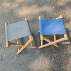 Lot Of 2 Vintage Wood Camp Stool Folding Blue Canvas Seat Portable Camping Chair
