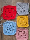 8 Vtg Handmade Crochet Squares Pieces  7   X 7  Green Red Blue Pink Yellow