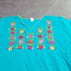 Mexican Embroidered Floral Blouse Turquoise Blue 100  Cotton Boho Made In Mexico